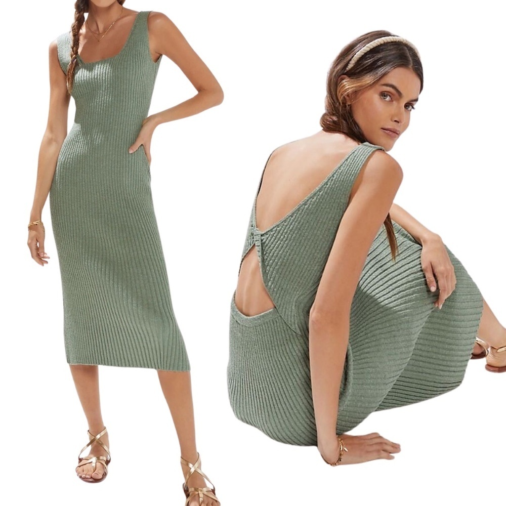 Anthropologie AMADI NWT Knit Cutout Ribbed Midi Dress  - Moss - Size XS